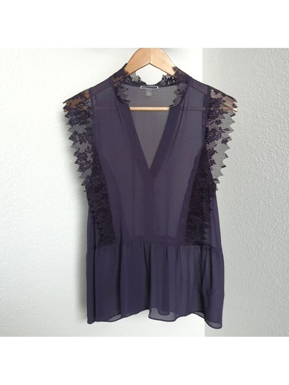 Chelsea28 Lace Trim Sleeveless Peplum Top Sheer Size Med Purple Night